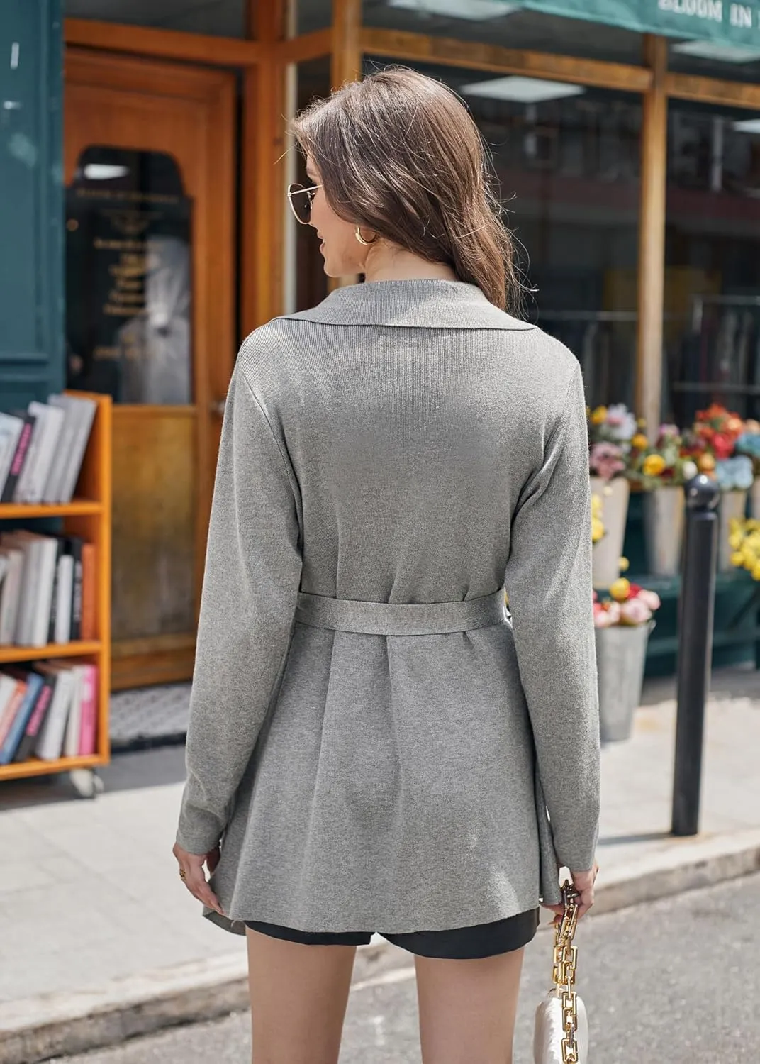 GRACE KARIN Cardigan for Women Lapel Draped Open Front Thin Sweater Long Sleeve Irregular Hem Outwear with Belt