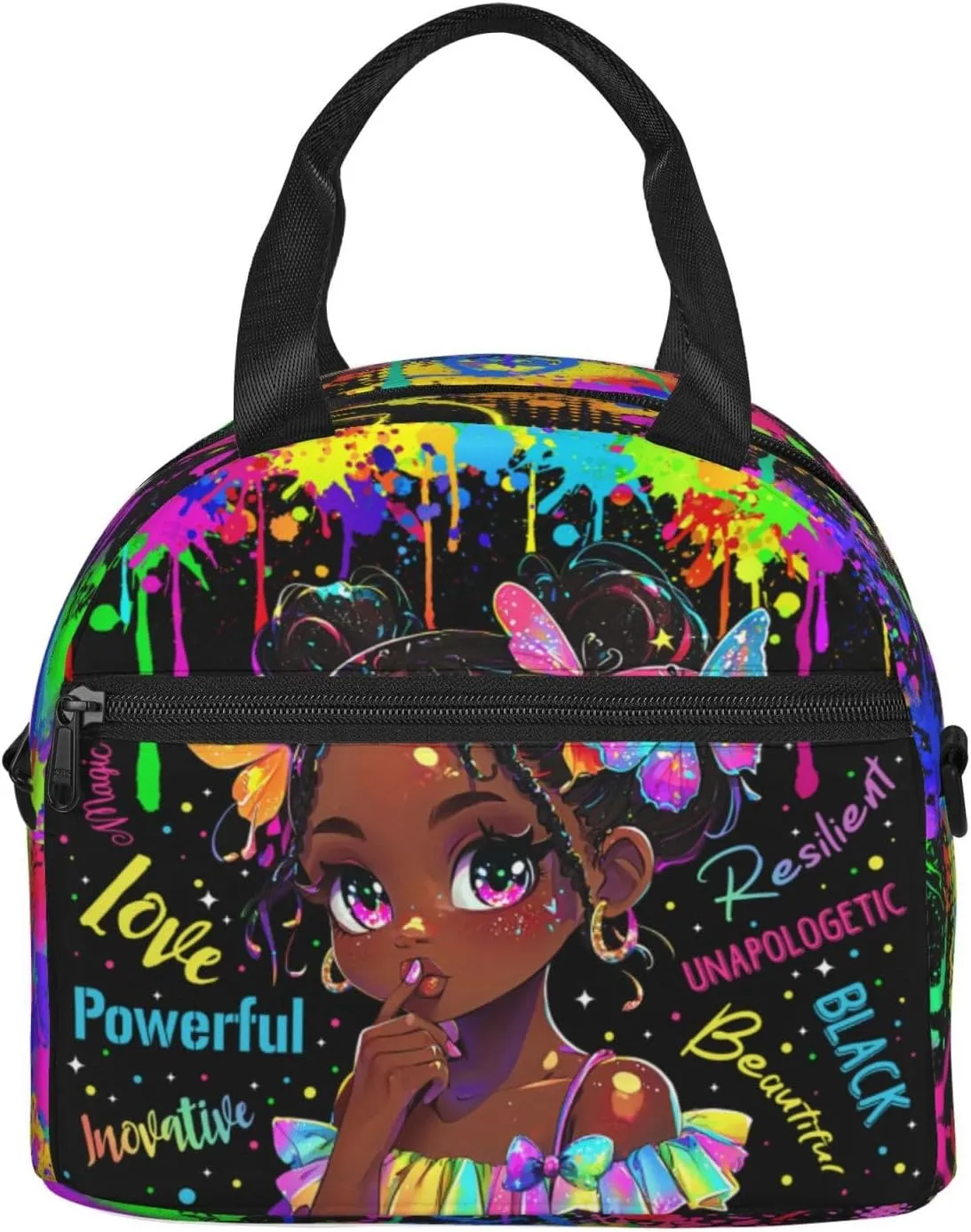 Graffiti Lunch Bag，Watercolor Doodle Lunch Boxes, Black Women Lunch Box，African American Women Lunch Bag,Black Women Box,Hand-Held Crossbody Insulated Lunch Bag,Office Work Trave Work