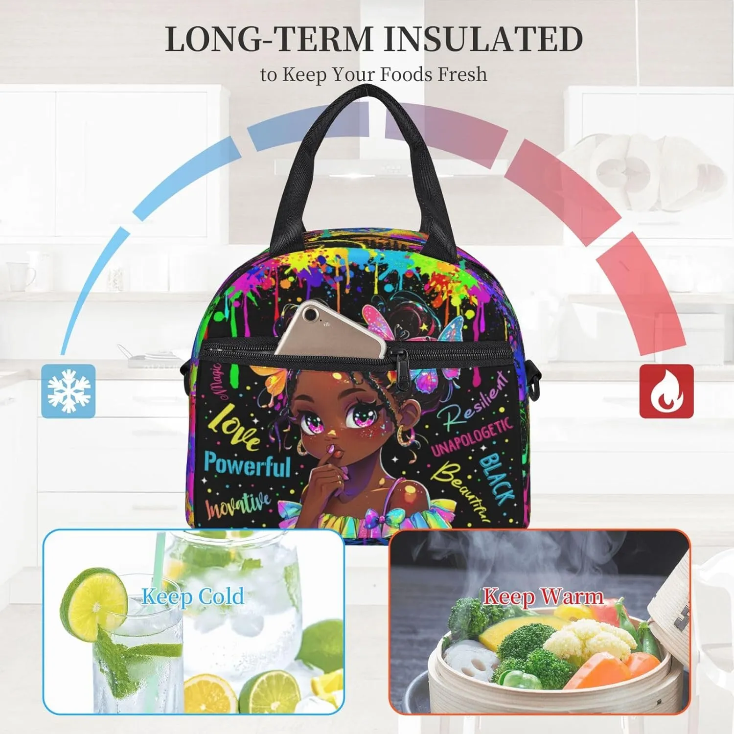 Graffiti Lunch Bag，Watercolor Doodle Lunch Boxes, Black Women Lunch Box，African American Women Lunch Bag,Black Women Box,Hand-Held Crossbody Insulated Lunch Bag,Office Work Trave Work