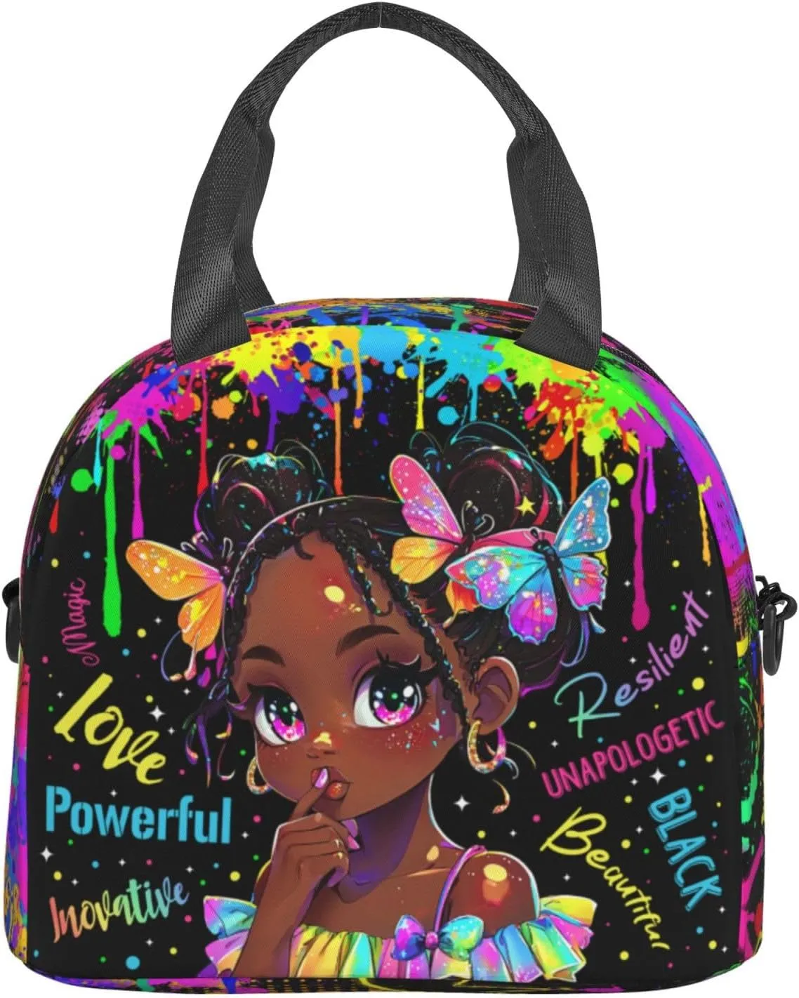Graffiti Lunch Bag，Watercolor Doodle Lunch Boxes, Black Women Lunch Box，African American Women Lunch Bag,Black Women Box,Hand-Held Crossbody Insulated Lunch Bag,Office Work Trave Work
