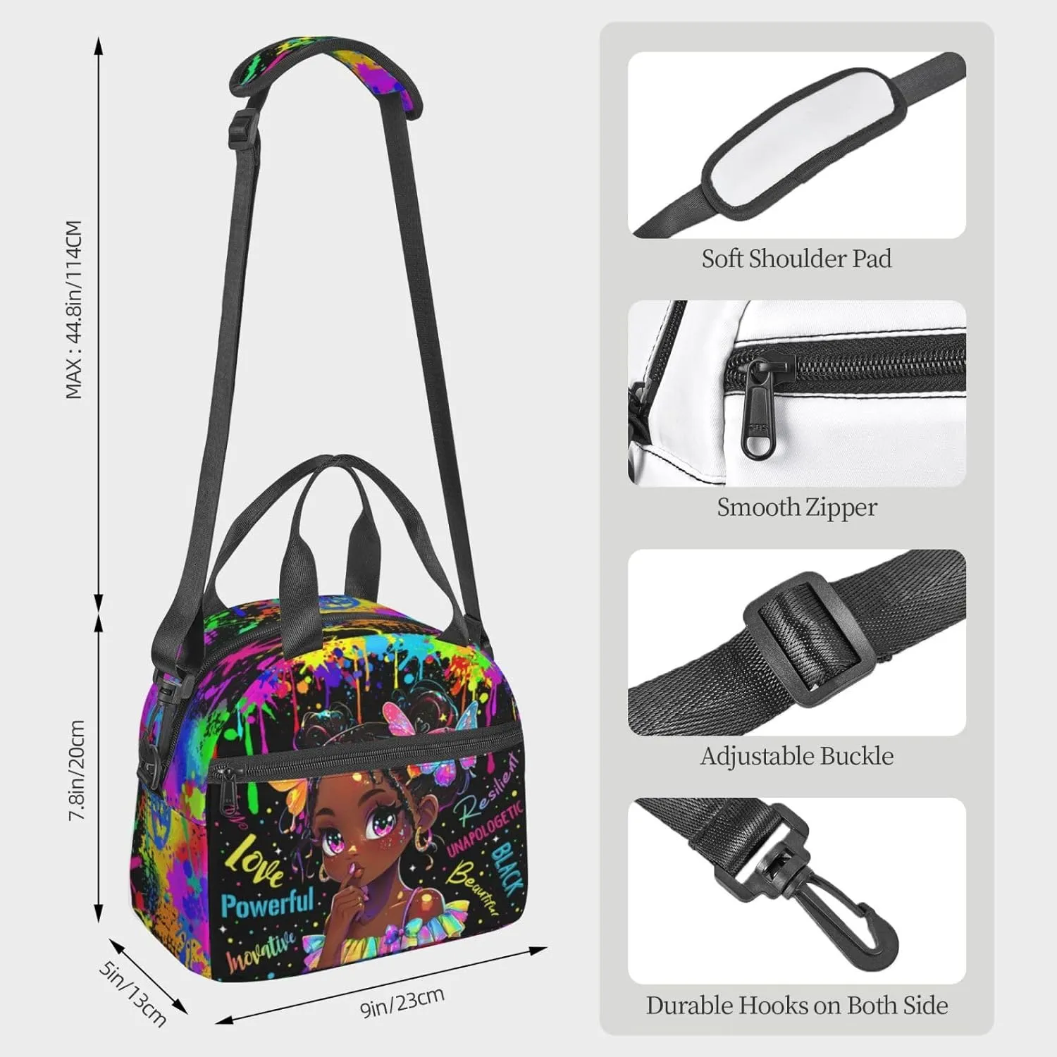 Graffiti Lunch Bag，Watercolor Doodle Lunch Boxes, Black Women Lunch Box，African American Women Lunch Bag,Black Women Box,Hand-Held Crossbody Insulated Lunch Bag,Office Work Trave Work
