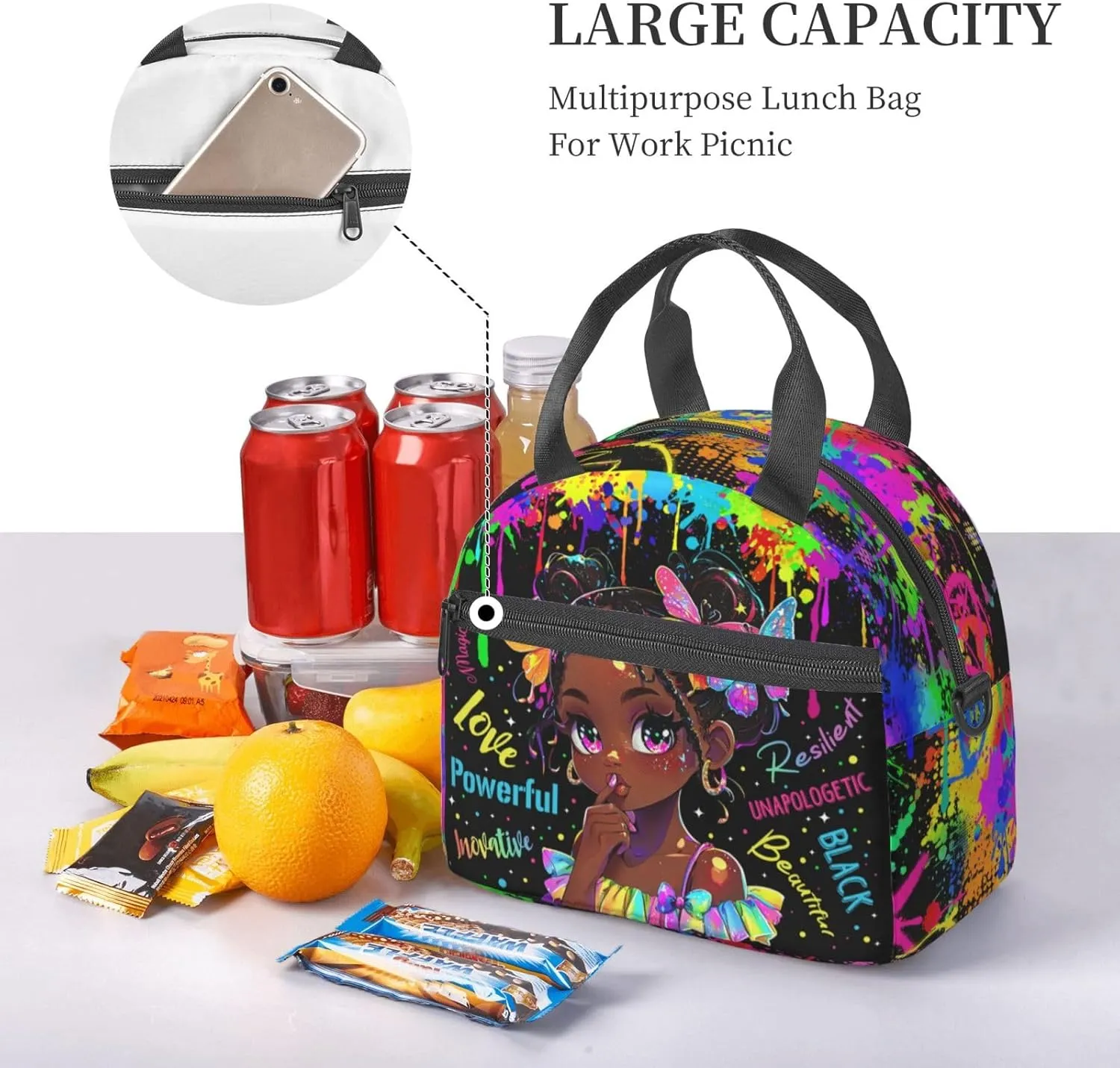 Graffiti Lunch Bag，Watercolor Doodle Lunch Boxes, Black Women Lunch Box，African American Women Lunch Bag,Black Women Box,Hand-Held Crossbody Insulated Lunch Bag,Office Work Trave Work