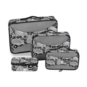 Grey Construction Machinery with Truck Crane and Bulldozer on Grey 4 Set Packing Cubes, Travel Packing Organizers, 600D Oxford Cloth Toiletry Storage Bag, Luggage Mesh Bags for Accessories