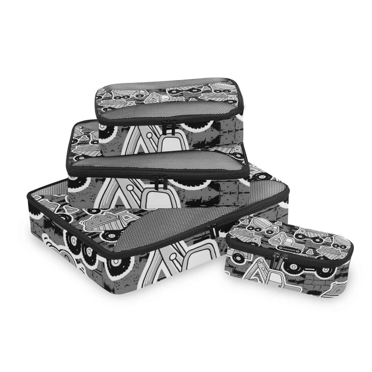 Grey Construction Machinery with Truck Crane and Bulldozer on Grey 4 Set Packing Cubes, Travel Packing Organizers, 600D Oxford Cloth Toiletry Storage Bag, Luggage Mesh Bags for Accessories