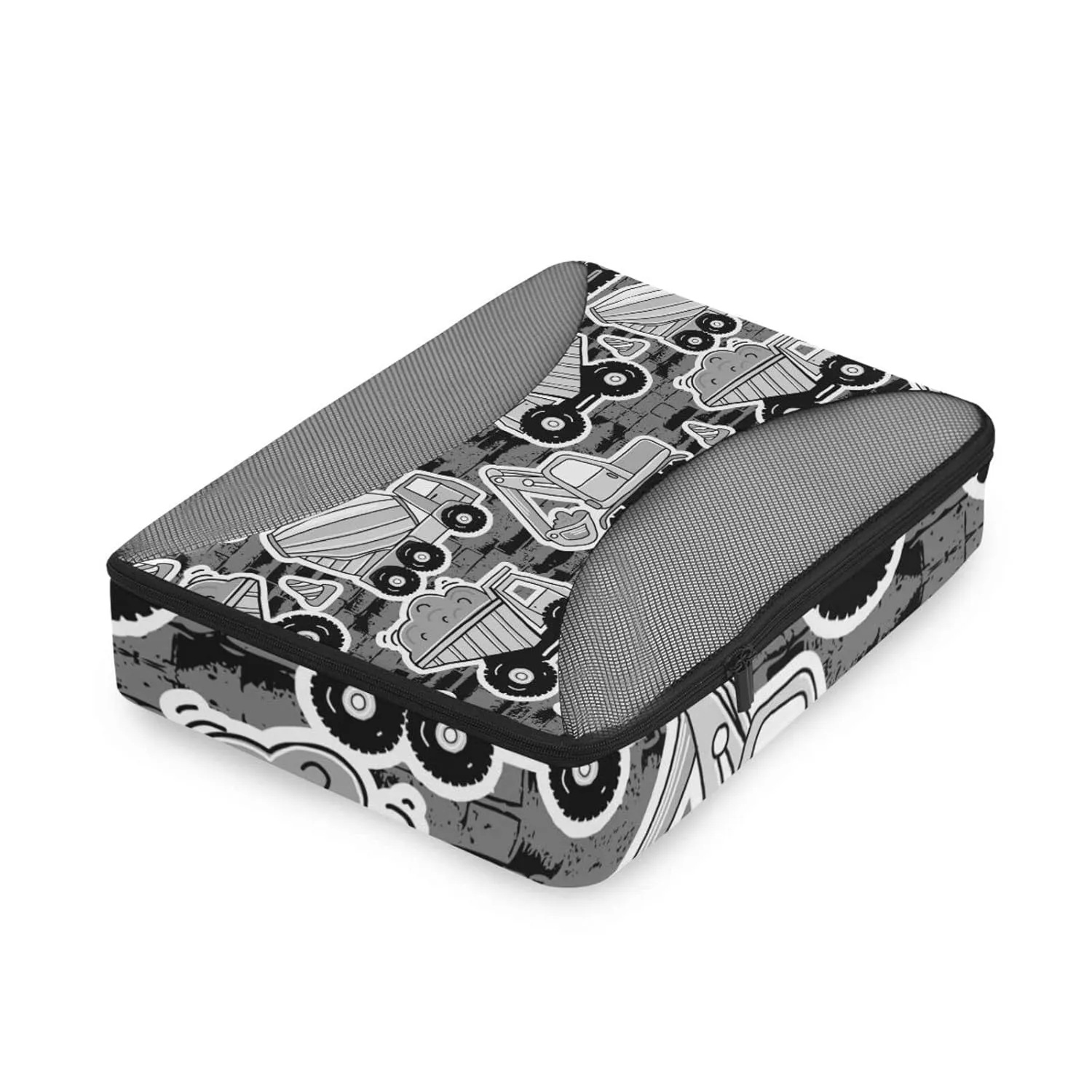 Grey Construction Machinery with Truck Crane and Bulldozer on Grey 4 Set Packing Cubes, Travel Packing Organizers, 600D Oxford Cloth Toiletry Storage Bag, Luggage Mesh Bags for Accessories
