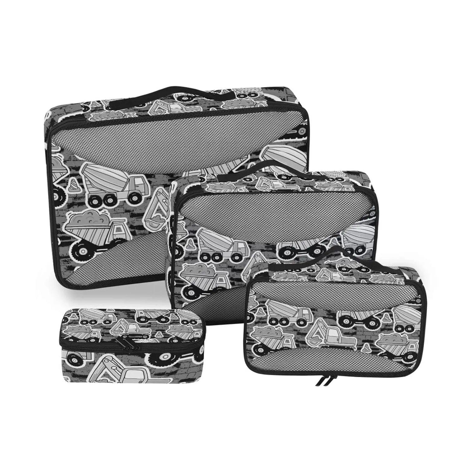 Grey Construction Machinery with Truck Crane and Bulldozer on Grey 4 Set Packing Cubes, Travel Packing Organizers, 600D Oxford Cloth Toiletry Storage Bag, Luggage Mesh Bags for Accessories