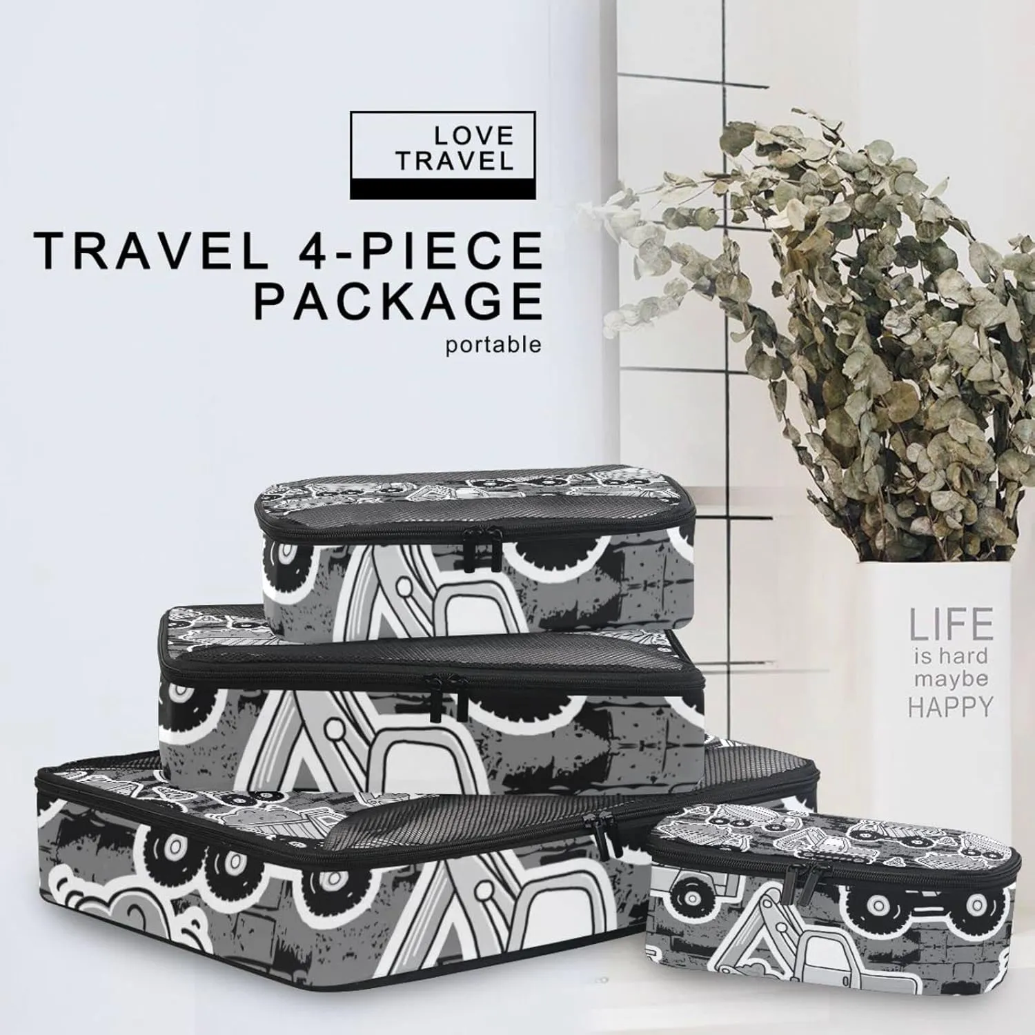Grey Construction Machinery with Truck Crane and Bulldozer on Grey 4 Set Packing Cubes, Travel Packing Organizers, 600D Oxford Cloth Toiletry Storage Bag, Luggage Mesh Bags for Accessories