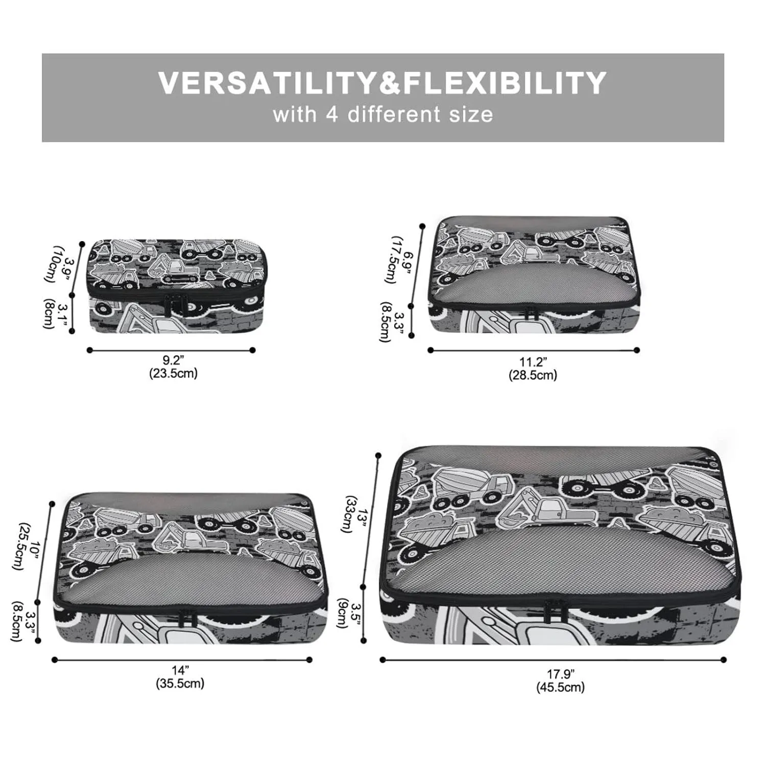 Grey Construction Machinery with Truck Crane and Bulldozer on Grey 4 Set Packing Cubes, Travel Packing Organizers, 600D Oxford Cloth Toiletry Storage Bag, Luggage Mesh Bags for Accessories