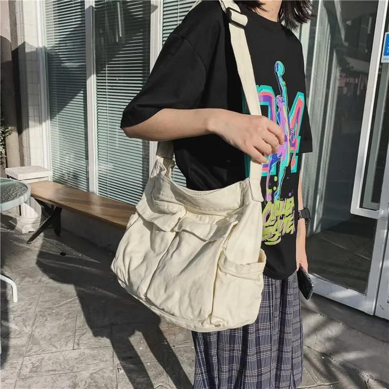 Grunge Canvas Messenger Bag Women Aesthetic Hobo Purses Y2K Punk Shoulder Bag Indie Tote Crossbody Bag Alt Emo Handbag (Black,Large)