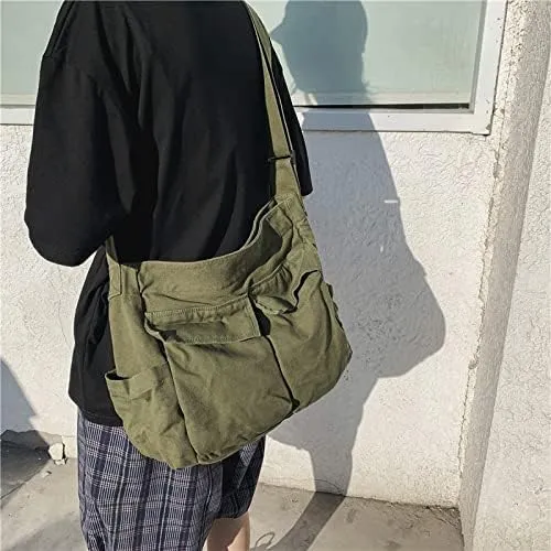 Grunge Canvas Messenger Bag Women Aesthetic Hobo Purses Y2K Punk Shoulder Bag Indie Tote Crossbody Bag Alt Emo Handbag (Black,Large)