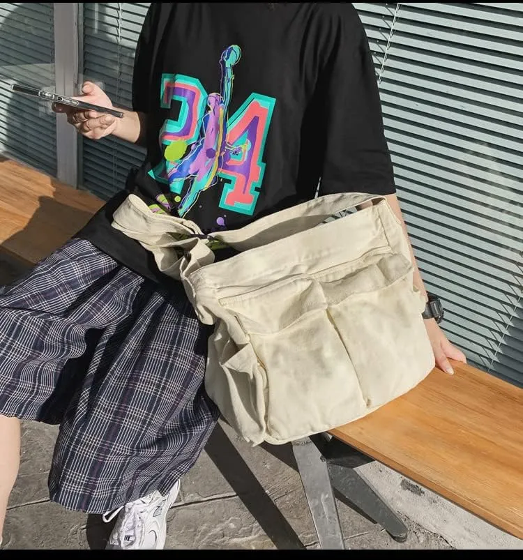 Grunge Canvas Messenger Bag Women Aesthetic Hobo Purses Y2K Punk Shoulder Bag Indie Tote Crossbody Bag Alt Emo Handbag (Black,Large)
