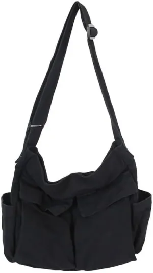 Grunge Canvas Messenger Bag Women Aesthetic Hobo Purses Y2K Punk Shoulder Bag Indie Tote Crossbody Bag Alt Emo Handbag (Black,Large)
