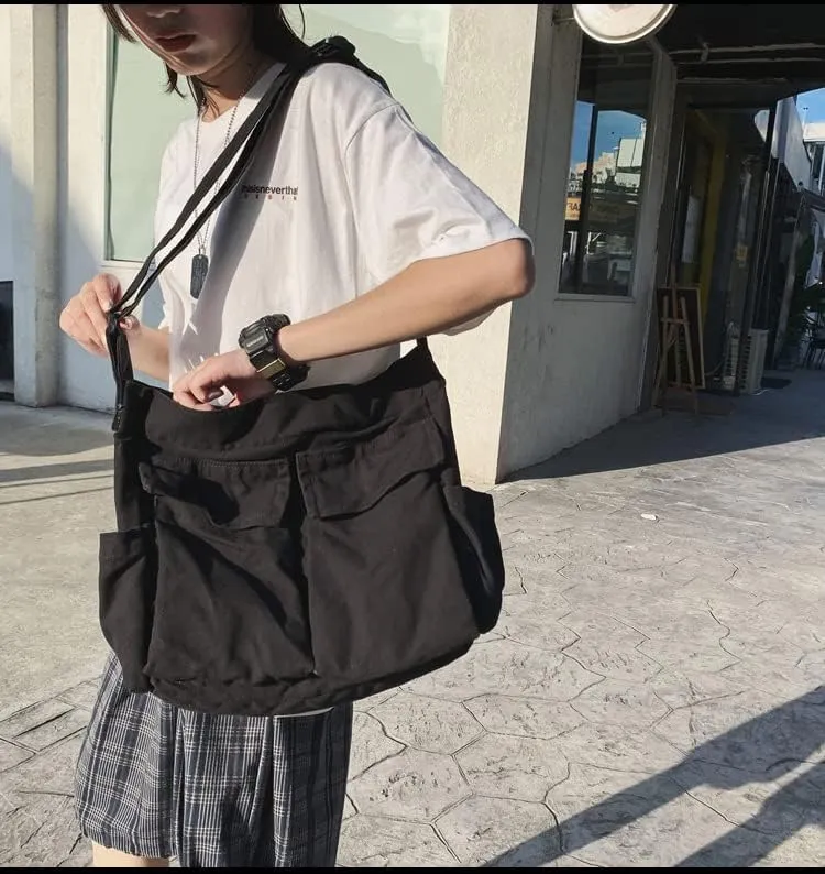 Grunge Canvas Messenger Bag Women Aesthetic Hobo Purses Y2K Punk Shoulder Bag Indie Tote Crossbody Bag Alt Emo Handbag (Black,Large)