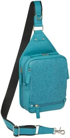 Gun Tote'n Mamas Mini Sling Purse Debossed USA Cowhide Leather-Turquoise Blue