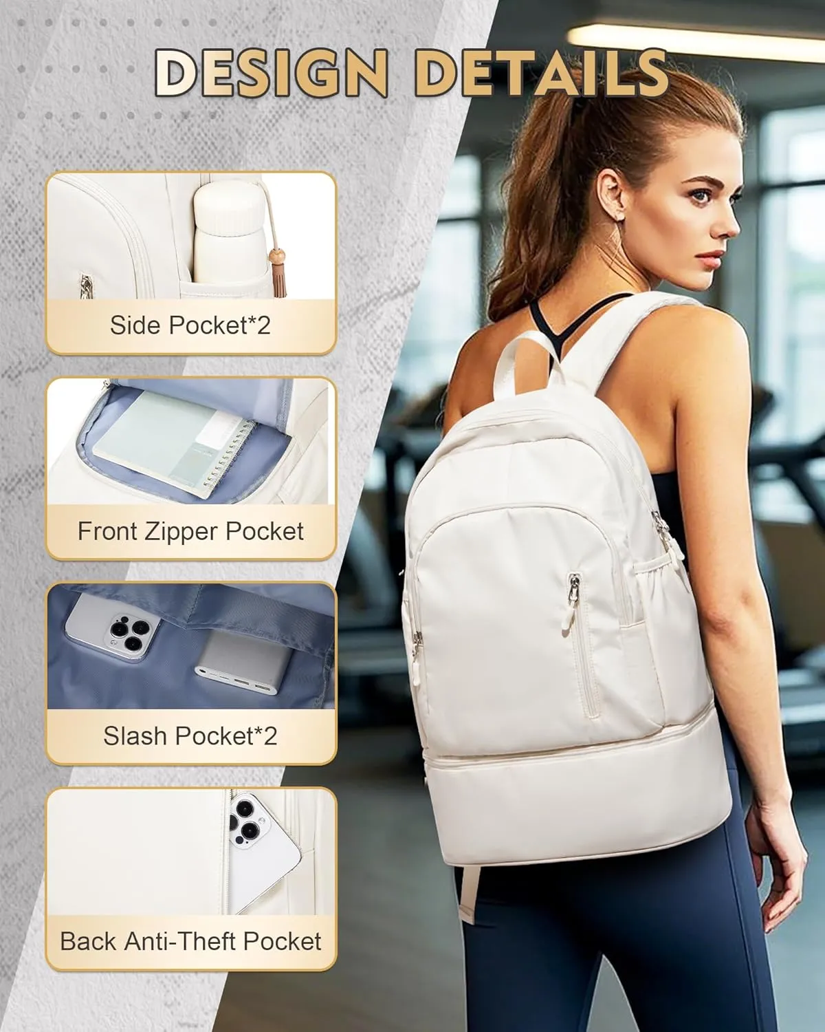 Gym Backpack for Women Men, Lightweight Gym Bag with Shoe Compartment, Waterproof Sports Backpack with Wet Pocket for Yoga Fitness Sports, Beige