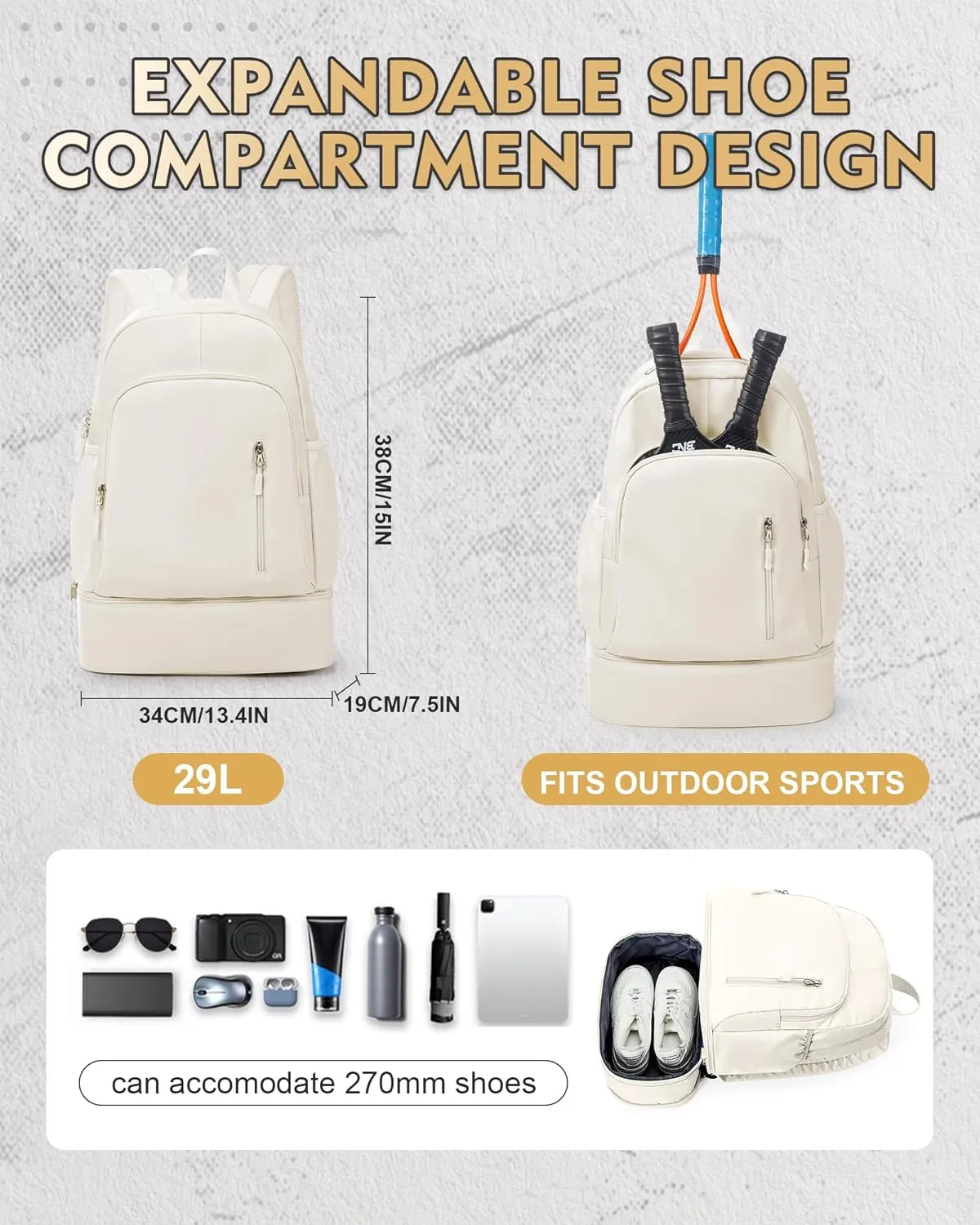 Gym Backpack for Women Men, Lightweight Gym Bag with Shoe Compartment, Waterproof Sports Backpack with Wet Pocket for Yoga Fitness Sports, Beige