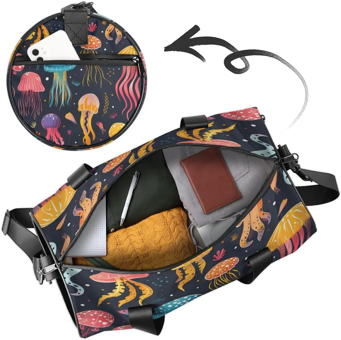 Gym Bags for Men Women Cute Jellyfish Sports Duffel Bags Carry On Travel Duffle Bag with Detachable Adjustable Shoulder Strap Overnight Weekender Bag