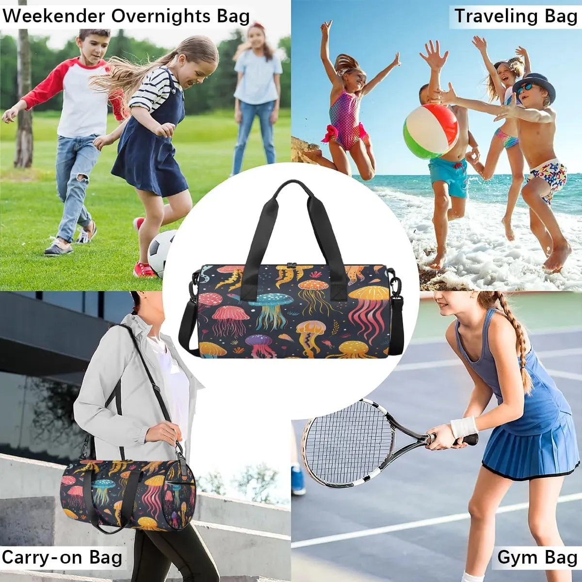 Gym Bags for Men Women Cute Jellyfish Sports Duffel Bags Carry On Travel Duffle Bag with Detachable Adjustable Shoulder Strap Overnight Weekender Bag