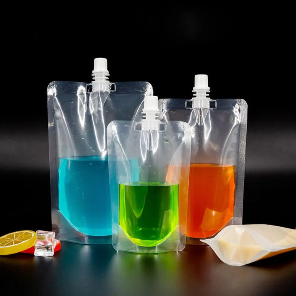 HANABASS 50 Pcs Juice Pouches Reusable Plastic Flasks Squeeze Pouches Clear Disposable Drink Bags Leak Proof Bags For Travel Outdoor (6.7oz)
