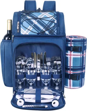 Hap Tim Picnic Backpack for 4 Person with Blanket, Insulated Leakproof Cooler Compartment, Wine Holder, Cutlery Set, Gifts Ideals for Wedding, Housewarming, White Elephant, Bridal Showers(36079-BL)