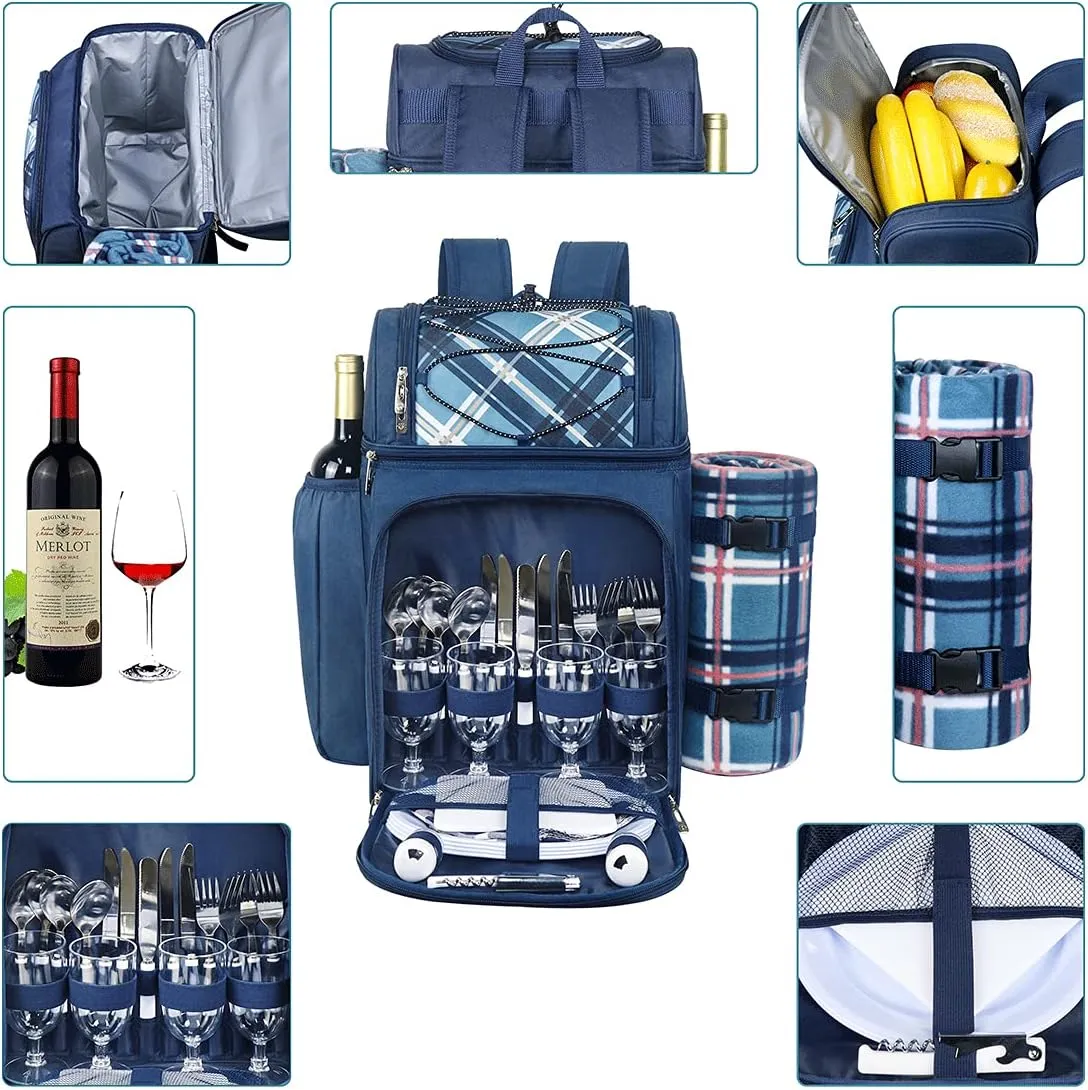Hap Tim Picnic Backpack for 4 Person with Blanket, Insulated Leakproof Cooler Compartment, Wine Holder, Cutlery Set, Gifts Ideals for Wedding, Housewarming, White Elephant, Bridal Showers(36079-BL)