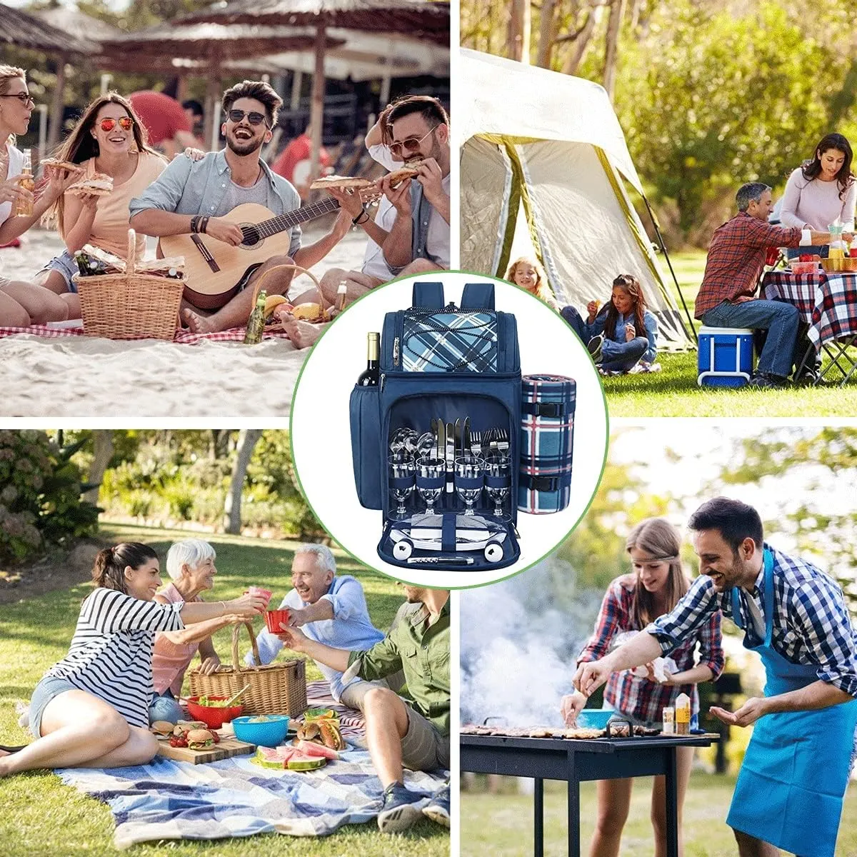 Hap Tim Picnic Backpack for 4 Person with Blanket, Insulated Leakproof Cooler Compartment, Wine Holder, Cutlery Set, Gifts Ideals for Wedding, Housewarming, White Elephant, Bridal Showers(36079-BL)
