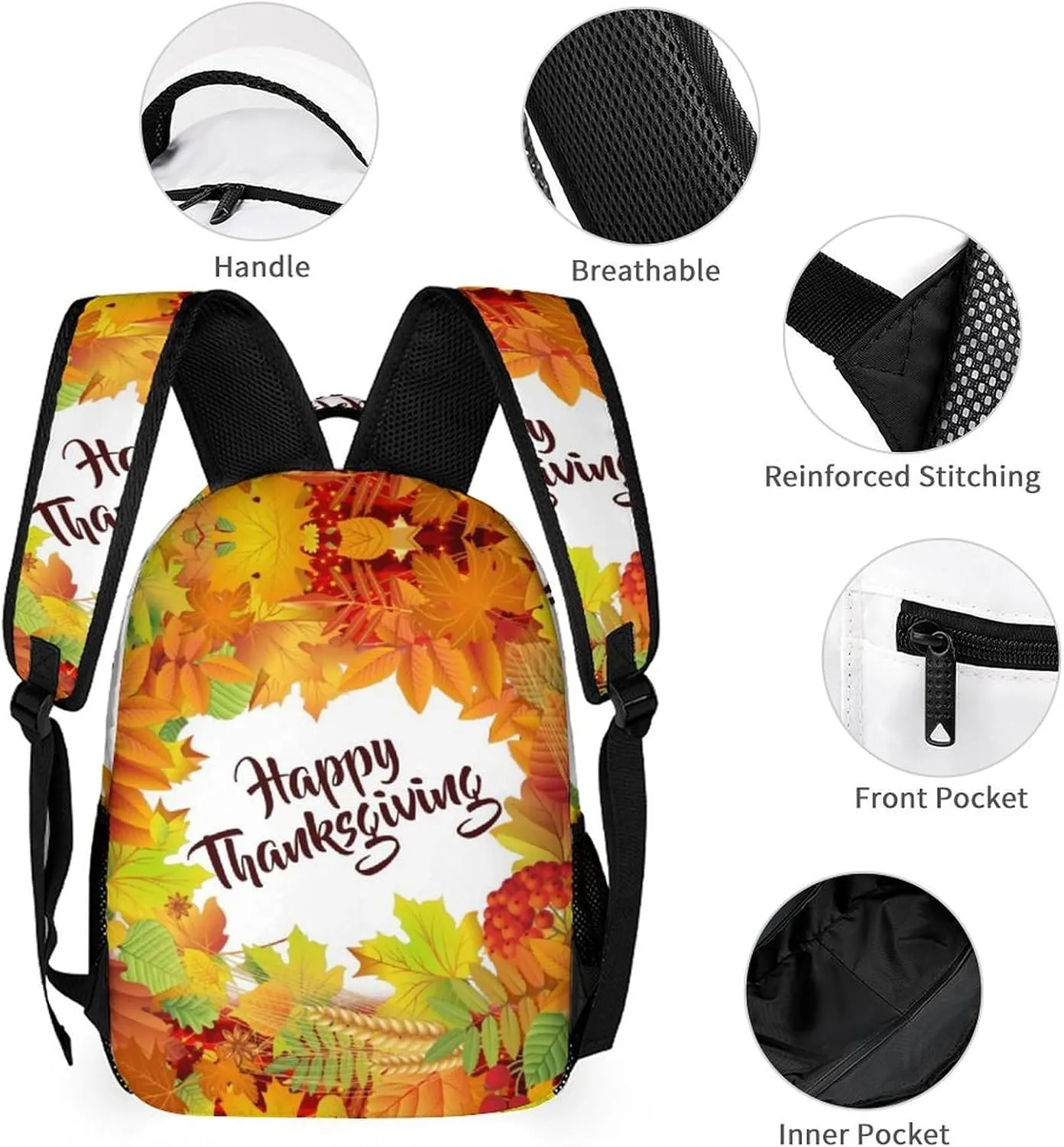 Happy Thanksgiving Foliage Backpack Portable Meal Bag, Stationery Bag Set, Sturdy And Durable