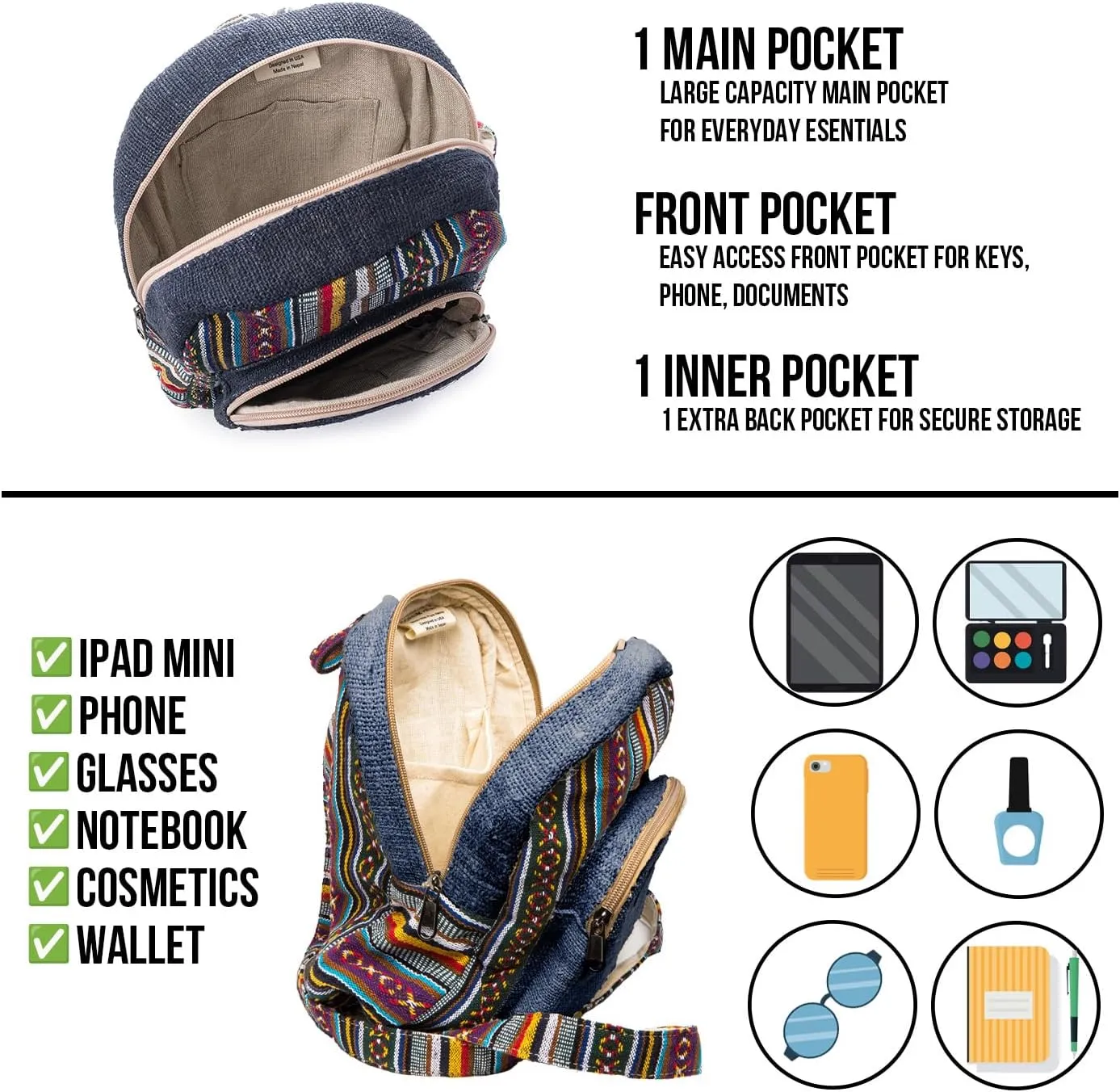 Hemp Backpack Purse For Women Mini Backpack Lightweight Boho Small Casual Daily Travel Daypack Shoulder Bag (Blue Boho)