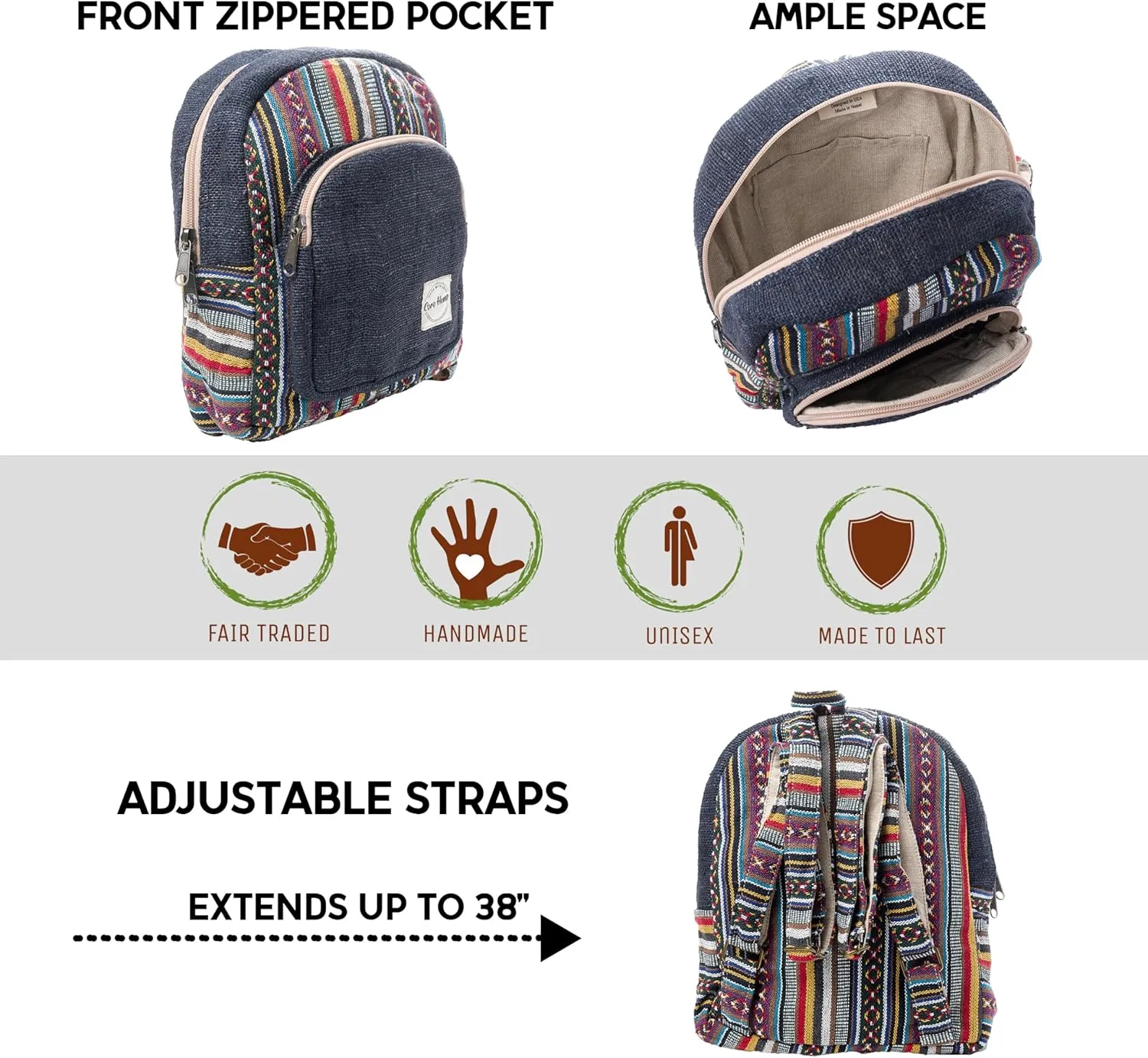 Hemp Backpack Purse For Women Mini Backpack Lightweight Boho Small Casual Daily Travel Daypack Shoulder Bag (Blue Boho)