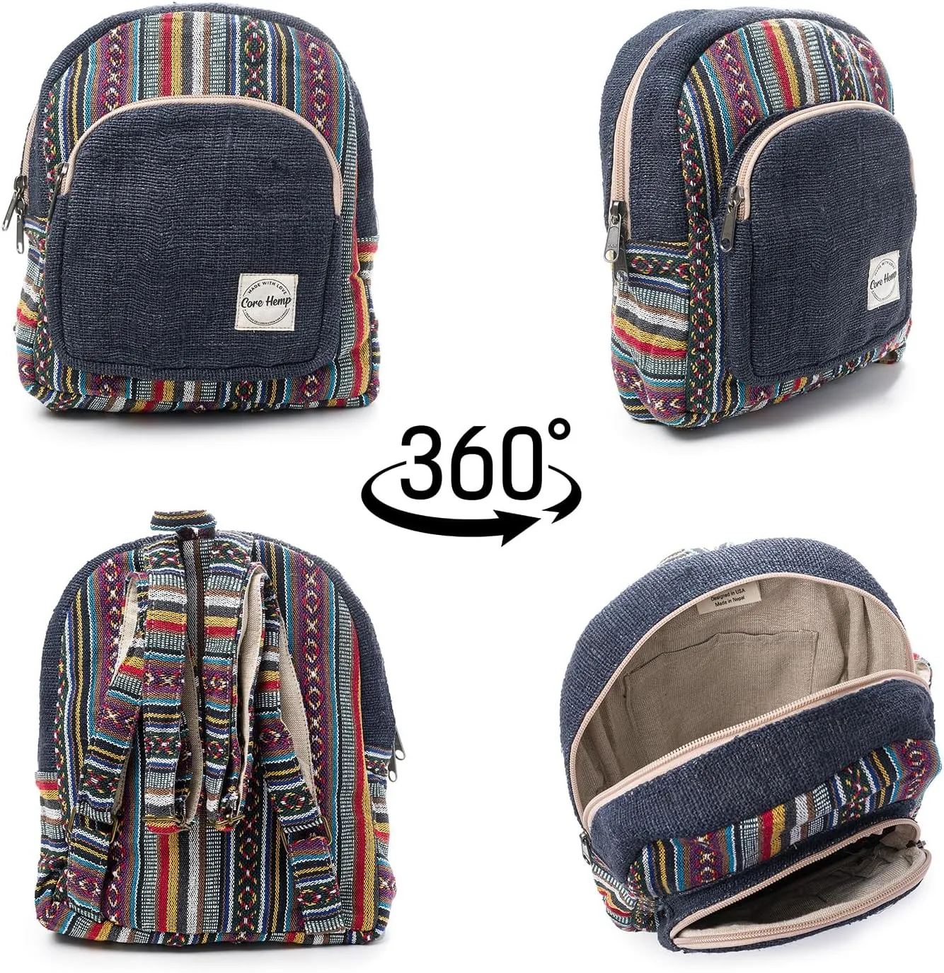 Hemp Backpack Purse For Women Mini Backpack Lightweight Boho Small Casual Daily Travel Daypack Shoulder Bag (Blue Boho)