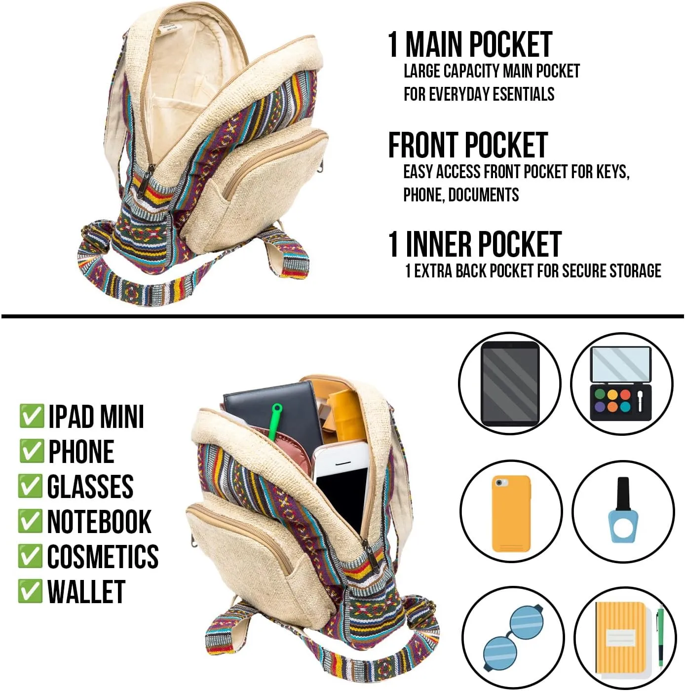 Hemp Backpack Purse For Women Mini Backpack Lightweight Small Casual Daily Travel Daypack Shoulder Bag