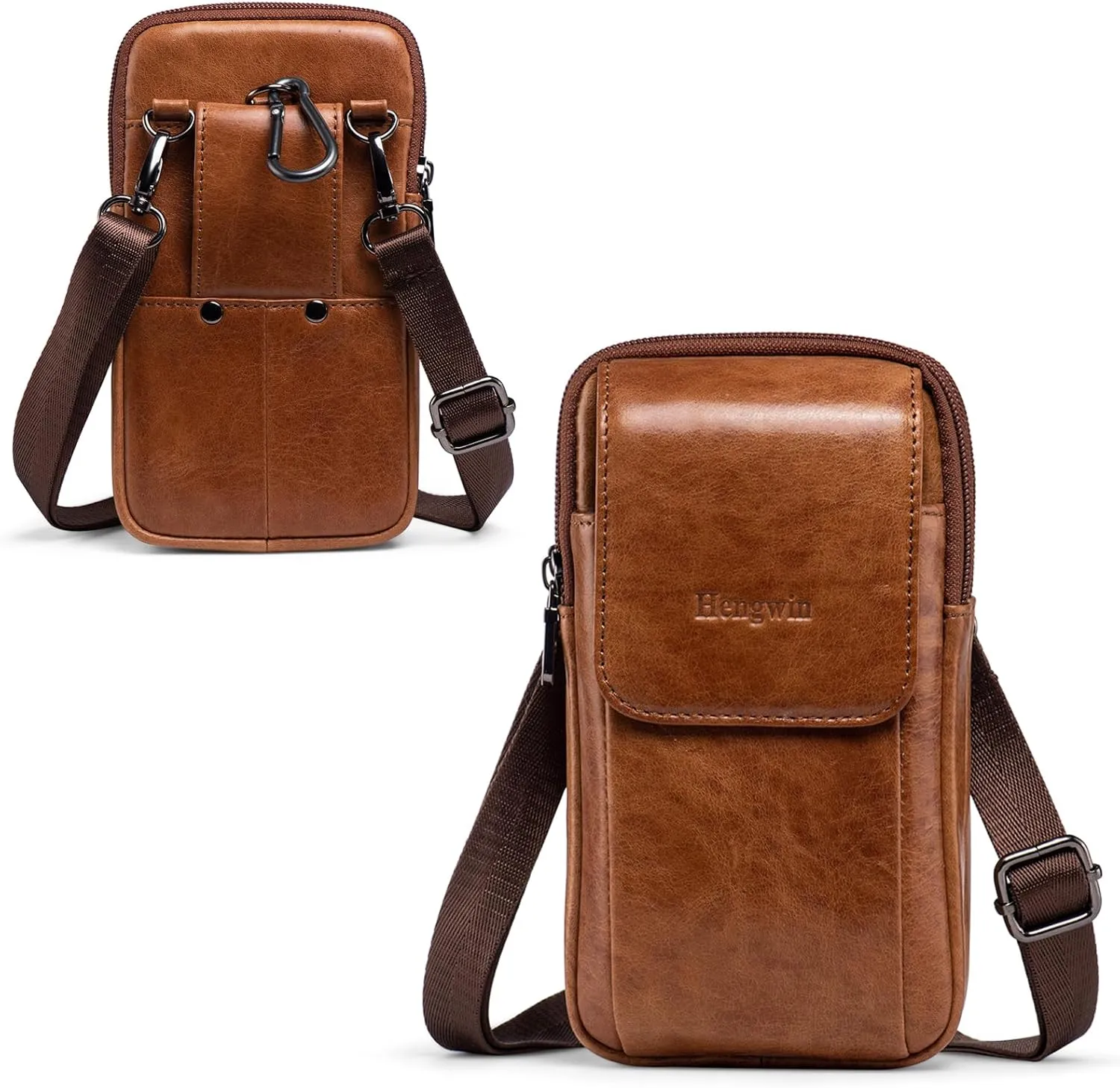Hengwin Genuine Leather Cell Phone Holster Wallet Case with Belt Clip Travel Messenger Bag Waist Pouch Crossbody Purse Fit for iPhone 16 Pro Max 15 Pro Max Samsung Galaxy S25  S24 Ultra S23  (Brown)