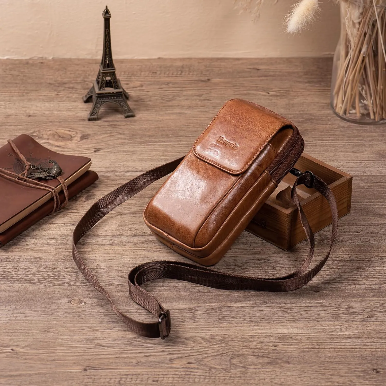 Hengwin Genuine Leather Cell Phone Holster Wallet Case with Belt Clip Travel Messenger Bag Waist Pouch Crossbody Purse Fit for iPhone 16 Pro Max 15 Pro Max Samsung Galaxy S25  S24 Ultra S23  (Brown)