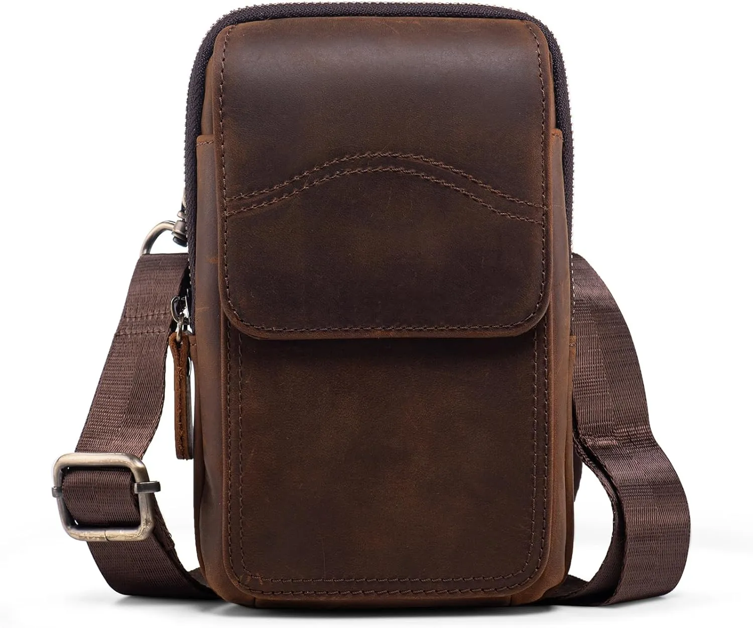 Hengwin Small Genuine Leather Cell Phone Crossbody Purse Shoulder Bag for Women and Men, Leather Phone Holster with Belt Clip Belt Loop Travel Passport Pouch Messenger Bag Waist Bag (Coffee)