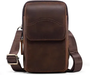 Hengwin Small Genuine Leather Cell Phone Crossbody Purse Shoulder Bag for Women and Men, Leather Phone Holster with Belt Clip Belt Loop Travel Passport Pouch Messenger Bag Waist Bag (Coffee)