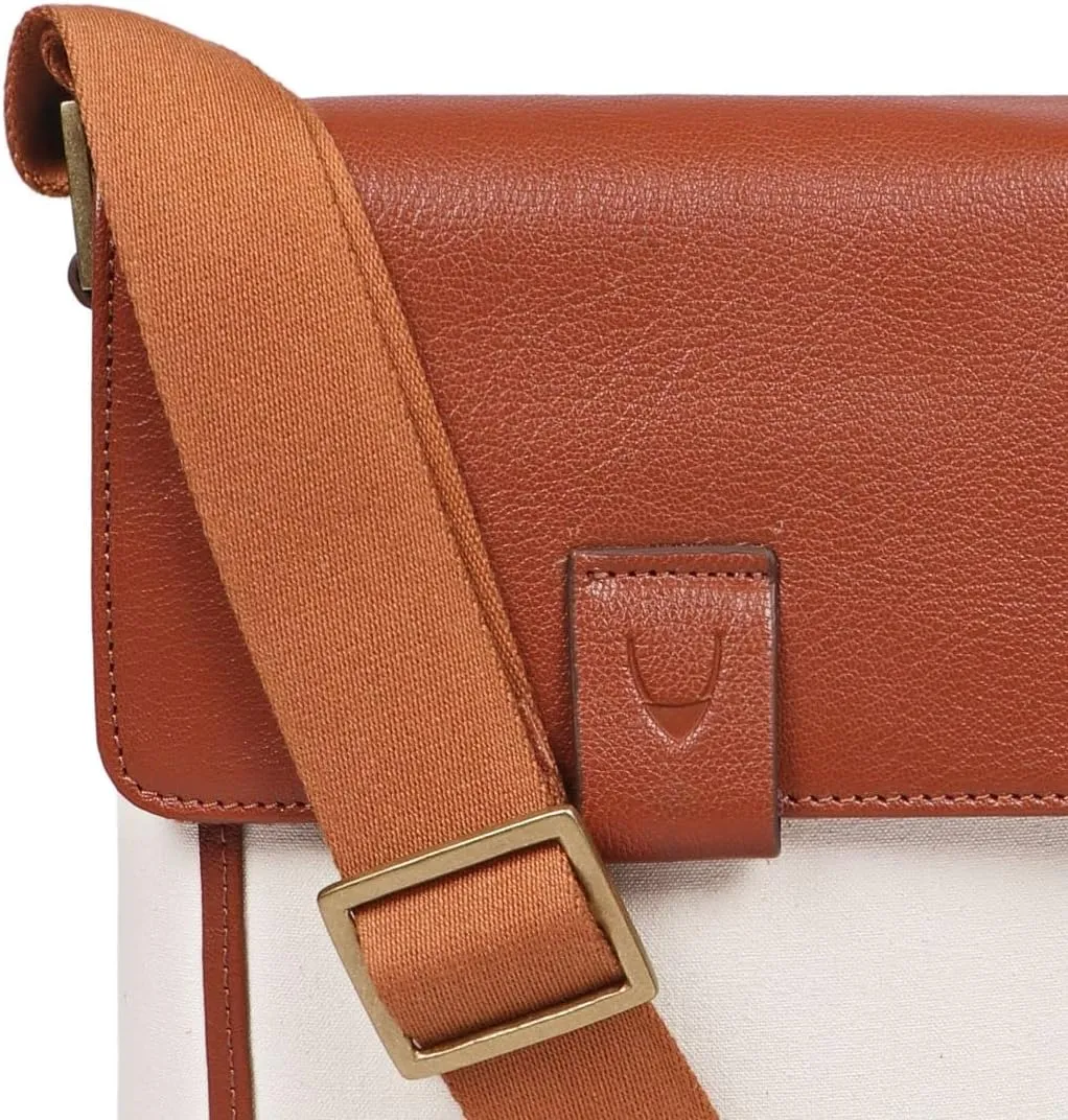 Hidesign Aiden Genuine Leather & Canvas Mini Crossbody Unisex Messenger Bag 10.5" iPad White