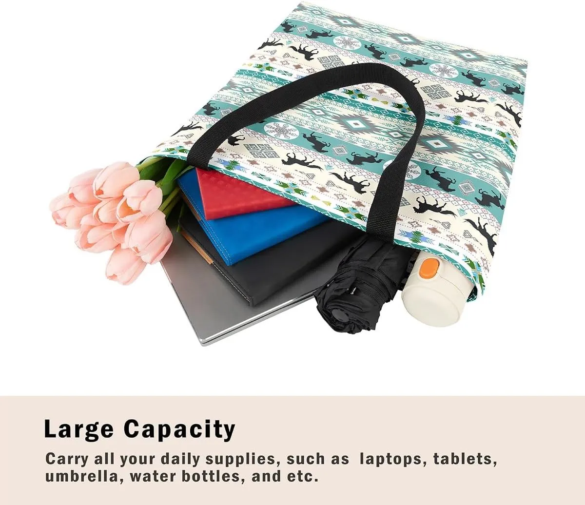 Highland Cow Canvas Tote Bag for Women,Cowboy Farm Animals Foldable Handbag