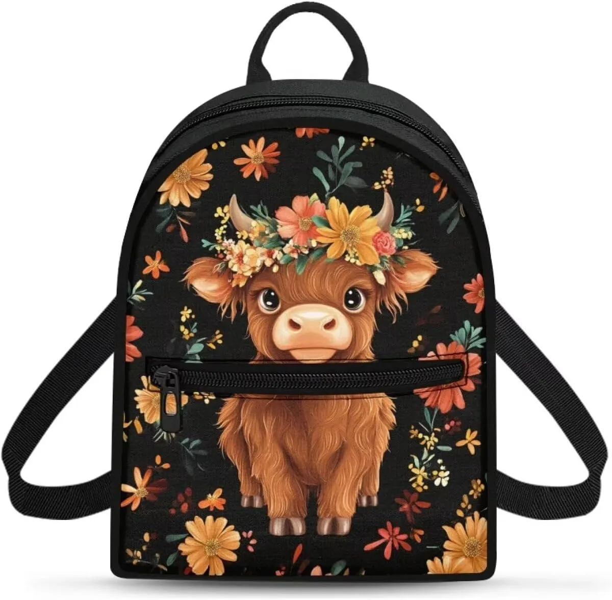 Highland Cow Mini Backpack Purse for Women Work Portable Bookbag with Front Zipper Pocket Lightweight Mini Shoulder Bag Travel Stylish Daypack Purse for Picnic Hiking