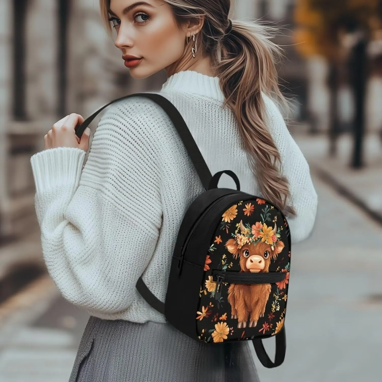 Highland Cow Mini Backpack Purse for Women Work Portable Bookbag with Front Zipper Pocket Lightweight Mini Shoulder Bag Travel Stylish Daypack Purse for Picnic Hiking