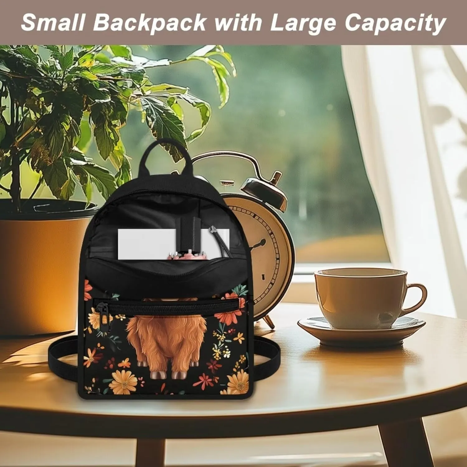 Highland Cow Mini Backpack Purse for Women Work Portable Bookbag with Front Zipper Pocket Lightweight Mini Shoulder Bag Travel Stylish Daypack Purse for Picnic Hiking
