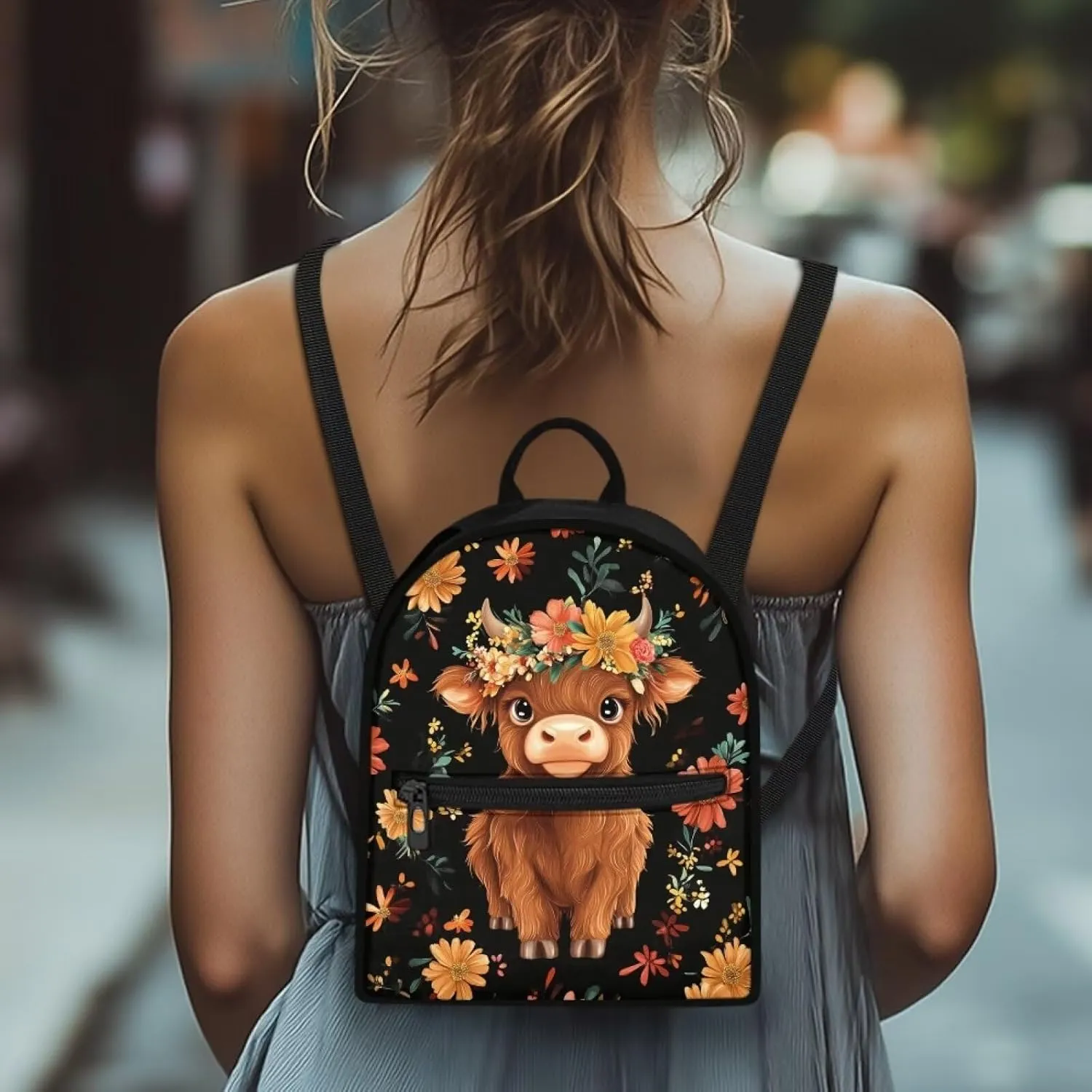 Highland Cow Mini Backpack Purse for Women Work Portable Bookbag with Front Zipper Pocket Lightweight Mini Shoulder Bag Travel Stylish Daypack Purse for Picnic Hiking