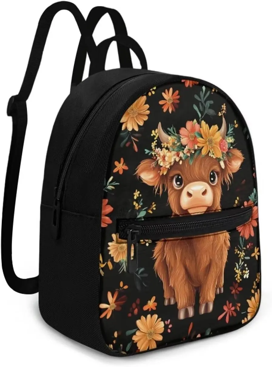 Highland Cow Mini Backpack Purse for Women Work Portable Bookbag with Front Zipper Pocket Lightweight Mini Shoulder Bag Travel Stylish Daypack Purse for Picnic Hiking