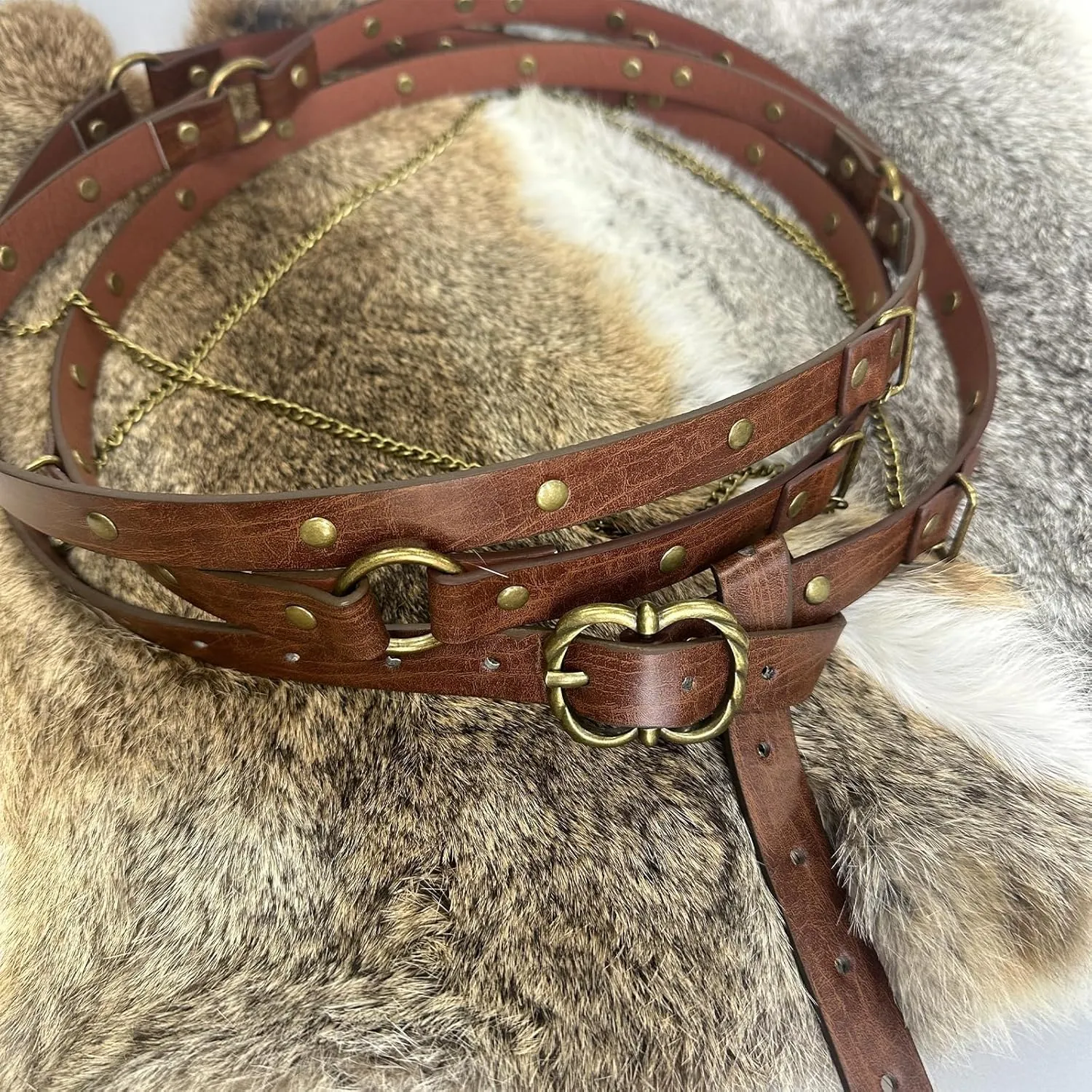 HiiFeuer Medieval DIY Faux Leather Metal Chain Belt, Vintage Adjustable Thin Belt For Women, Retro Skinny Belt For Dresses