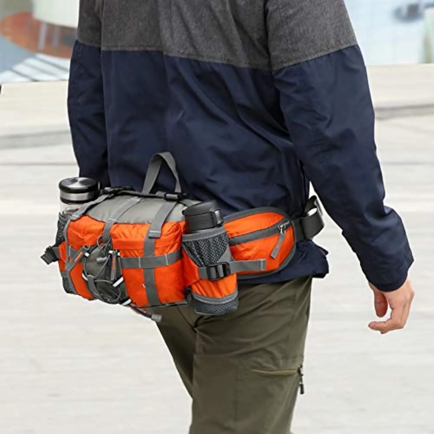 Hiking Fanny Pack with Water Bottle Holder & Double Shoulder Straps, Hiking Essentials for Men Women Waterproof Outdoor Waist Bag, Lumbar Backpack for Fishing Hunting Running Sports
