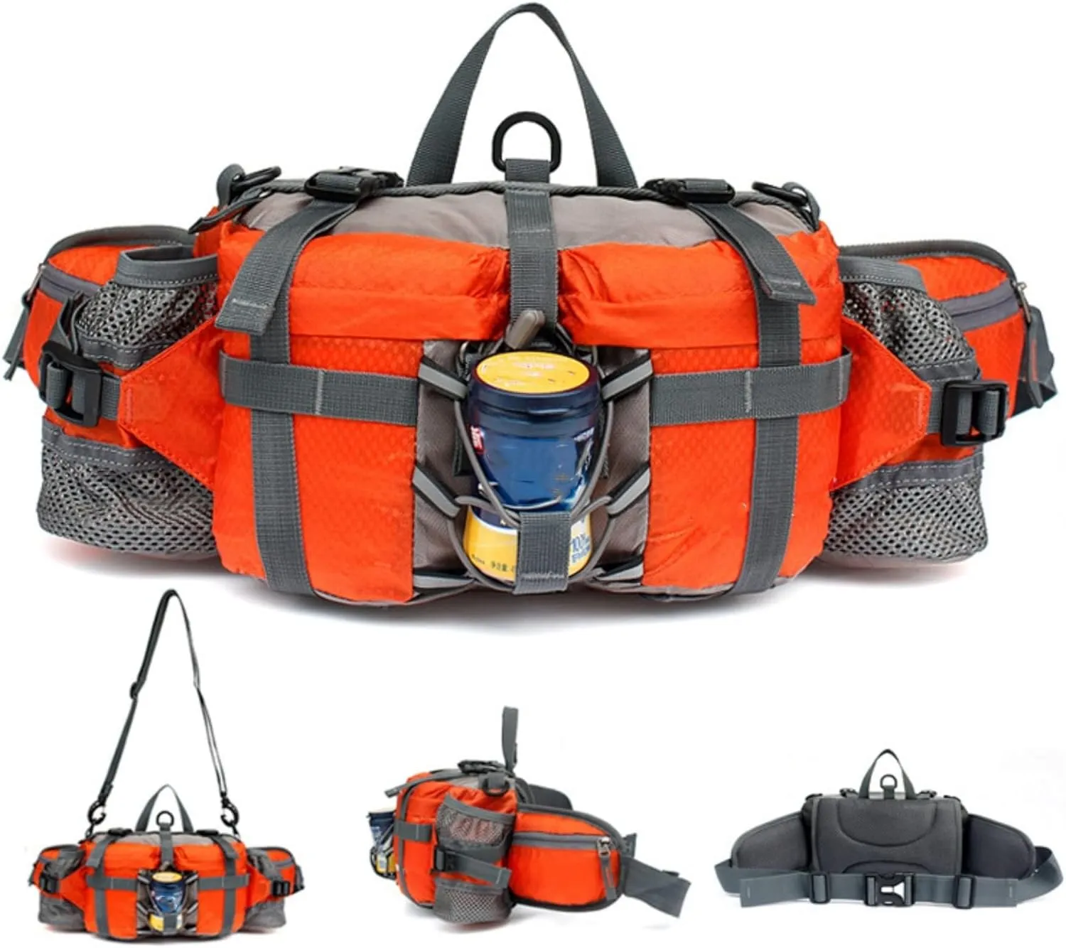 Hiking Fanny Pack with Water Bottle Holder & Double Shoulder Straps, Hiking Essentials for Men Women Waterproof Outdoor Waist Bag, Lumbar Backpack for Fishing Hunting Running Sports
