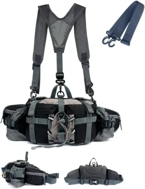 Hiking Fanny Pack with Water Bottle Holder & Double Shoulder Straps, Hiking Essentials for Men Women Waterproof Outdoor Waist Bag, Lumbar Backpack for Fishing Hunting Running Sports
