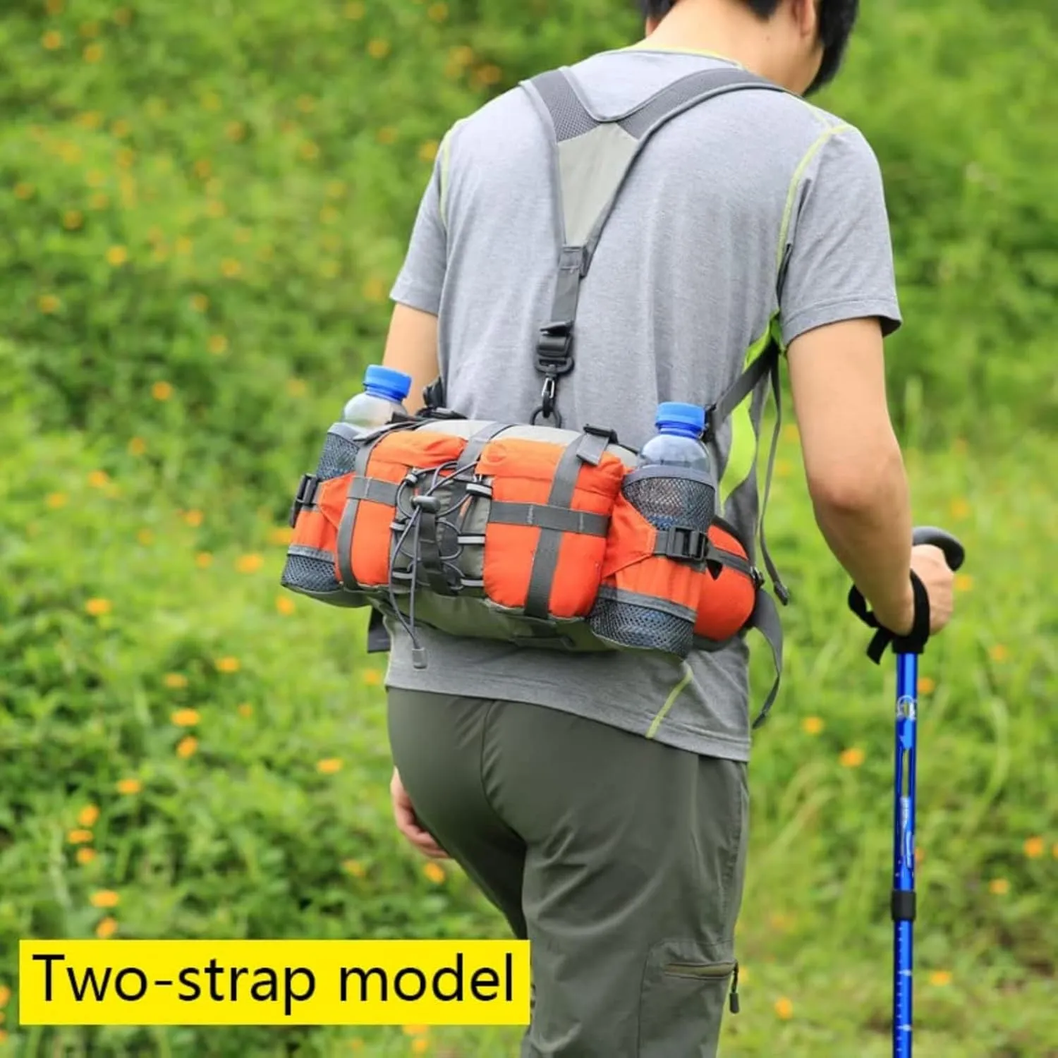 Hiking Fanny Pack with Water Bottle Holder & Double Shoulder Straps, Hiking Essentials for Men Women Waterproof Outdoor Waist Bag, Lumbar Backpack for Fishing Hunting Running Sports