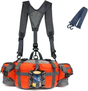 Hiking Fanny Pack with Water Bottle Holder & Double Shoulder Straps, Hiking Essentials for Men Women Waterproof Outdoor Waist Bag, Lumbar Backpack for Fishing Hunting Running Sports