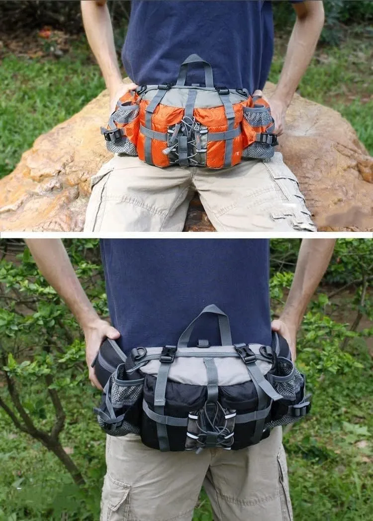 Hiking Fanny Pack with Water Bottle Holder & Double Shoulder Straps, Hiking Essentials for Men Women Waterproof Outdoor Waist Bag, Lumbar Backpack for Fishing Hunting Running Sports