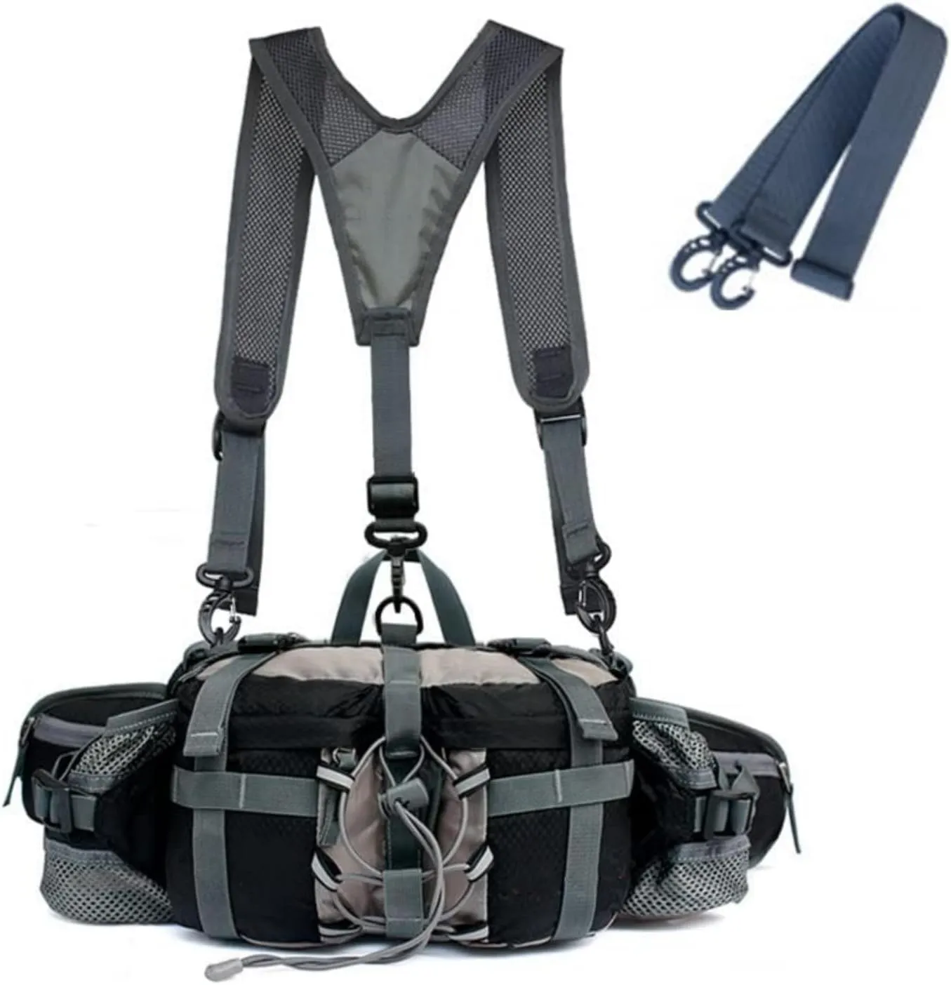 Hiking Fanny Pack with Water Bottle Holder & Double Shoulder Straps, Hiking Essentials for Men Women Waterproof Outdoor Waist Bag, Lumbar Backpack for Fishing Hunting Running Sports